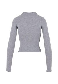 Grå langermet skjorte med en tettsittende design. Glatt tekstur og rund halslinje, som viser en enkel, minimalistisk stil.