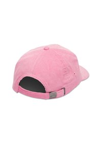 Roze corduroy baseballcap met een platte rand, een verstelbare band aan de achterkant en een textieloppervlak met dicht op elkaar geplaatste ribbels.