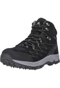 Svart vandringskänga med överdel i mocka och mesh, förstärkt tånäppa, grå detaljer, metallöglor och texturerad gummiyttersula för bättre grepp.