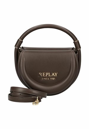 Donkerbruine halfcirkelvormige handtas met een bovenhandvat, een afneembare schouderriem en een gouden "REPLAY SINCE 1981" logo op de voorflap.