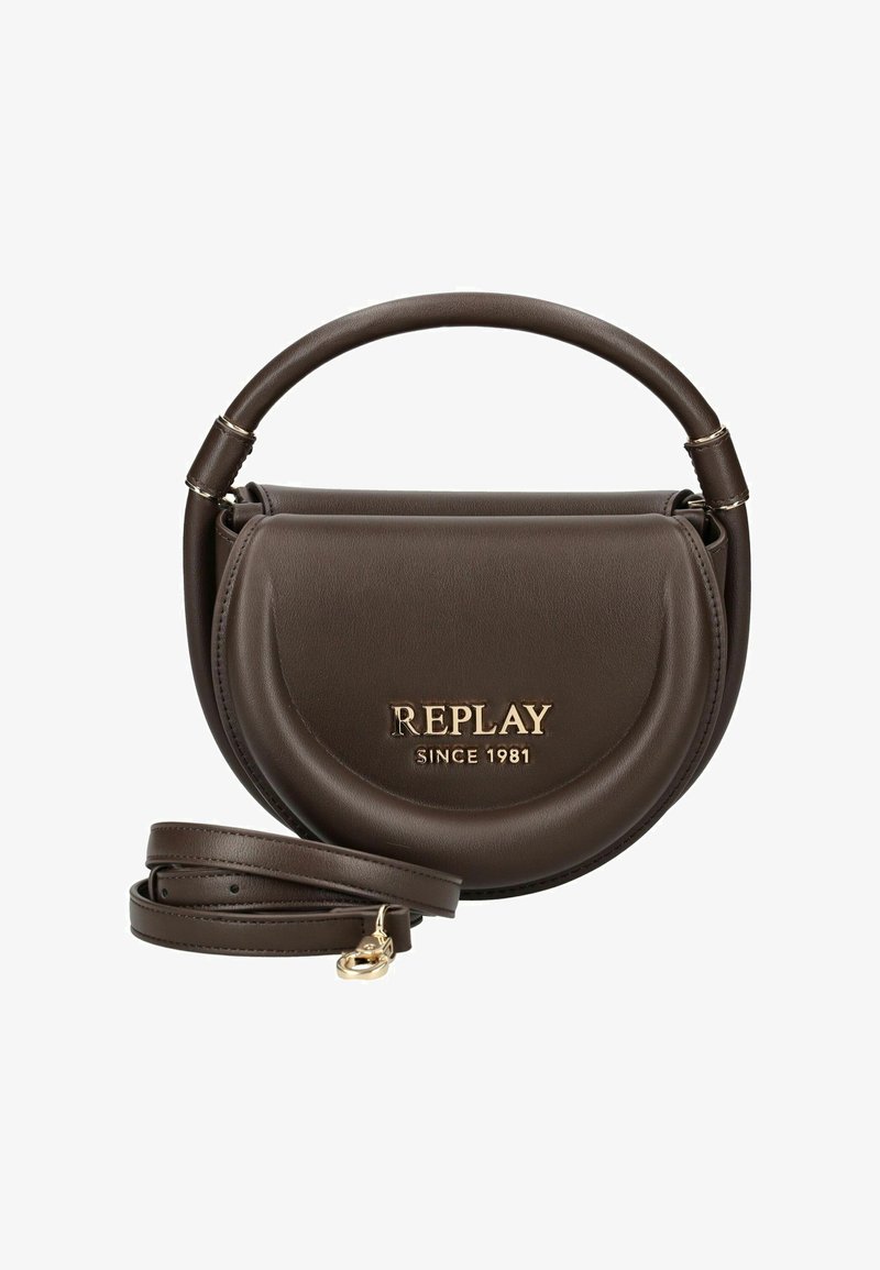 Borsa a mano semi-circolare marrone scuro con manico superiore, tracolla removibile e logo dorato "REPLAY SINCE 1981" sulla pattina frontale.