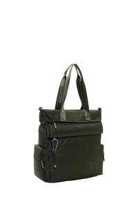 Borsa tote di colore verde scuro realizzata in tessuto testurizzato, dotata di manici doppi, tasca con zip anteriore, tasca laterale e dettaglio del logo sulla parte anteriore.