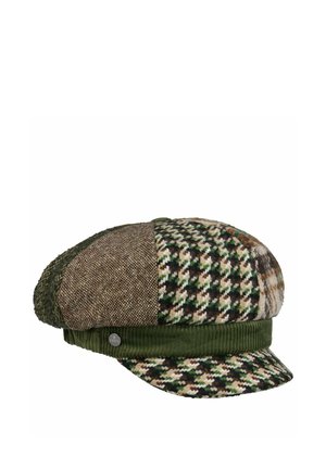 Patchwork flat cap with various green, brown, beige houndstooth and tweed patterns, featuring a green corduroy band and small metal brand tag.