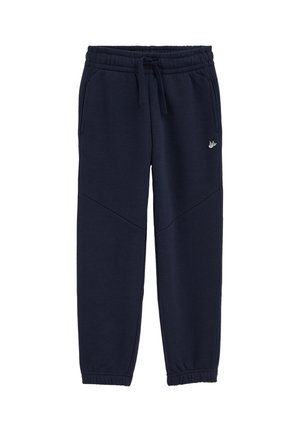 Námornícke modré teplákové nohavice s elastickým pásom, šnúrkou, bočnými vreckami, manžetami na členkoch a malým bielym logom vtáka na pravej stehne.