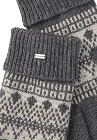 Donkergrijze en witte wollen gebreide sokken met een patroon, voorzien van geribbelde boordjes en een klein metalen merkembleem op één boord.