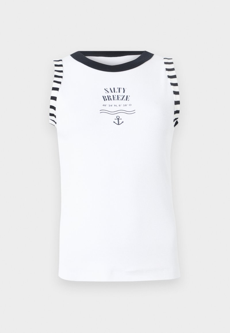Haut blanc sans manches avec bordure noire, détails rayés sur les bras, et texte "Salty Breeze" avec coordonnées et graphique d'ancre sur le devant.