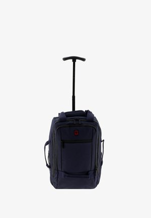 Marineblaue Rolltasche mit einem ausziehbaren Griff, gepolsterten Griffen oben und an der Seite, einer vorderen Reißverschlusstasche und seitlichen Netzfächern. Robustes Material, rechteckige Form.