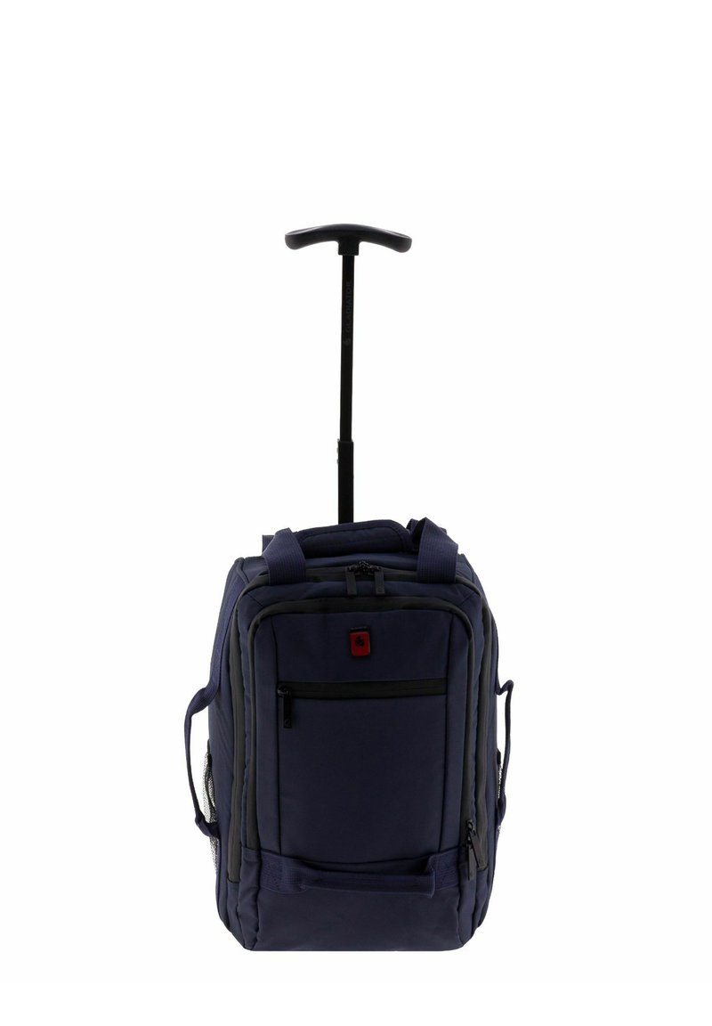 Mochila rodante azul marino con un asa retráctil, asas acolchadas en la parte superior y lateral, bolsillo con cremallera en la parte frontal y bolsillos de malla en los laterales. Tejido duradero, forma rectangular.
