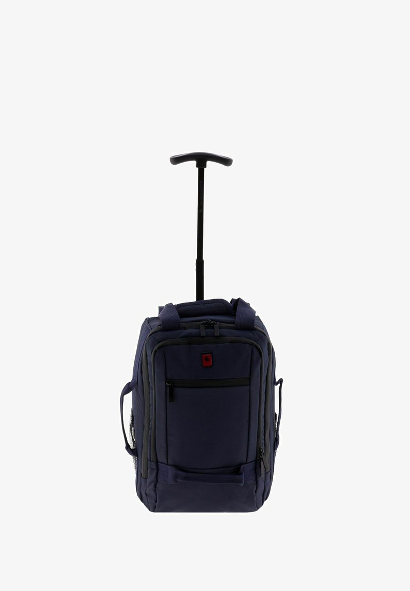 Mochila rodante azul marino con un asa retráctil, asas acolchadas en la parte superior y lateral, bolsillo con cremallera en la parte frontal y bolsillos de malla en los laterales. Tejido duradero, forma rectangular.