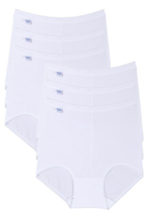 White cotton briefs set of five, featuring a smooth texture, soft elastic waistband, and round leg openings with delicate stitching accents.