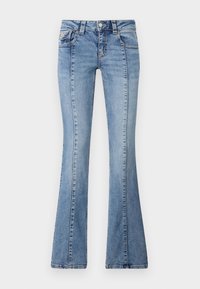 Világoskék farmer anyagú, flared (harang) szabású nadrág, öt zsebes dizájnnal, gombos záródással és lábak mentén látható varrásokkal. Sima tapintású.