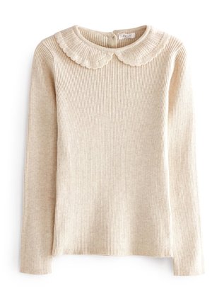 Beżowy prążkowany sweter z długim rękawem, z falbankowym kołnierzykiem typu Peter Pan i zamkiem błyskawicznym z tyłu.