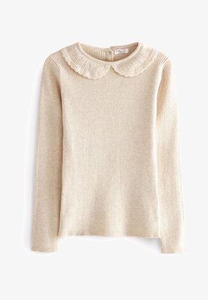 Suéter beige de manga larga con costillas, cuello Peter Pan con borde ondulado y cierre de cremallera en la espalda.