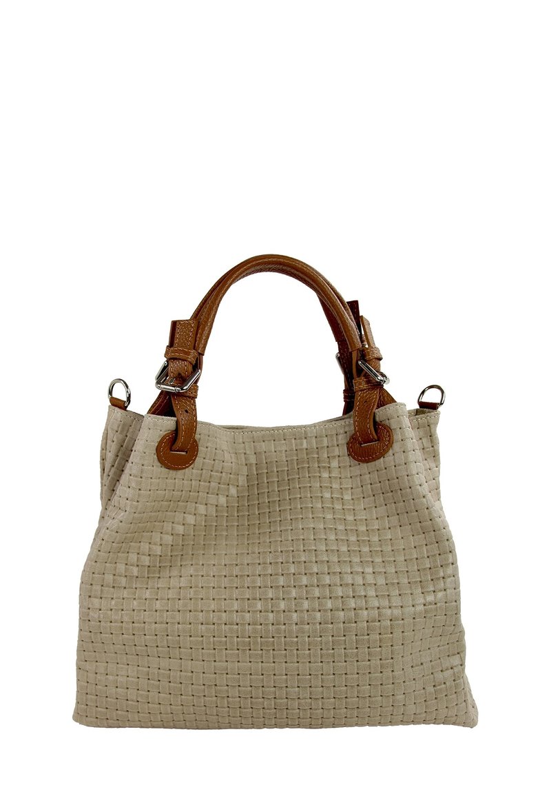 Beige geweven tote bag met een gestructureerd oppervlak, bruine leren handvatten en metalen hardware accenten. Gestructureerde vorm met een ruime interieur.