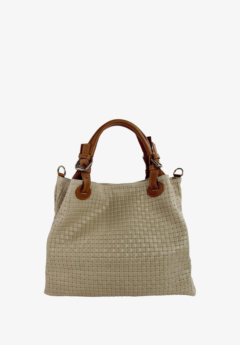 Sac tote en jute beige avec une surface texturée, poignées en cuir marron et accents en métal. Forme structurée avec un intérieur spacieux.