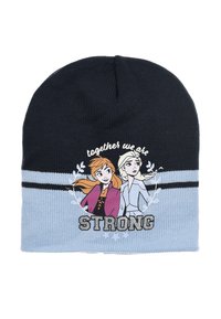 Berretto di maglia blu con fascia blu scuro; presenta personaggi dei cartoni animati e il testo "insieme siamo FORTE" sul davanti.