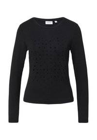 Schwarzes Langarmshirt aus weichem Stoff mit einem strukturierten Design, das auf der Vorderseite ein Muster aus schwarzen, perlenartigen Akzenten aufweist.