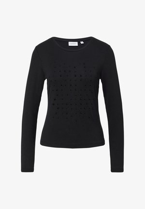 Czarna koszula z długim rękawem, wykonana z miękkiego materiału, z teksturowanym wzorem i czarnymi akcentami w postaci koralików ułożonymi w deseń na przodzie.