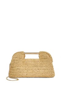 Woven straw handbag in beige with a gold-tone metal handle and chain. Features a rounded shape with open top and prominent stitching details.