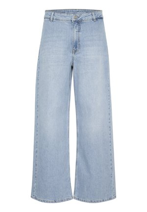 Heledad helesin sinised laiad püksid, mis on valmistatud denimist. Neil on kõrge vöökohaga, sirge lõige, nähtavad õmblused ja esiosas nuppude sulgemine.