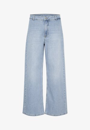 Jasnoniebieskie szerokie dżinsy wykonane z denimu, z wysokim stanem, prostym krojem, widocznymi szwami i zapięciem na guzik z przodu.