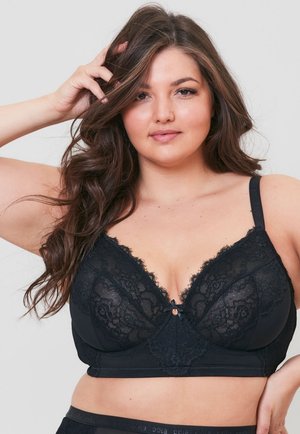 Zwarte kant bralette met een V-vormige halslijn, bloemenpatronen, verstelbare straps en een centrale decoratieve strikdetail. Zachte stoffen basis.