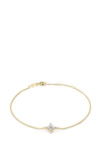 Goldkettchenarmband mit floraler Gestaltung und drei runden, funkelnden Steinen in der Mitte. Sichere Karabinerverschluss.