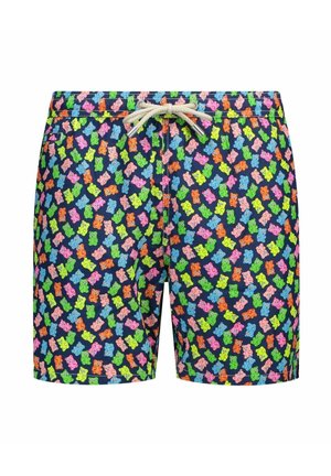 Short de bain bleu marine avec motif multicolore d’oursons en gomme et taille élastiquée à cordon beige.