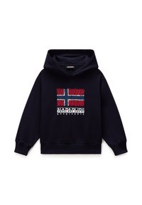 Sudadera azul marino de algodón, con un gráfico texturizado de la bandera noruega y el texto "NAPAPIJRI geographic" en blanco debajo.