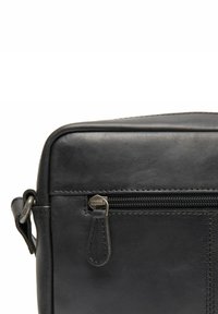 Borsa a tracolla in pelle nera con texture liscia, dettaglio della tasca con zip e cuciture robuste. Forma rettangolare compatta. Cinghia regolabile.