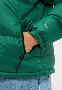 Zelená péřová bunda s hladkou, lesklou texturou, vybavená zipovou kapsou, elastickými manžetami a štítkem s plnivostí 700 na rukávu.