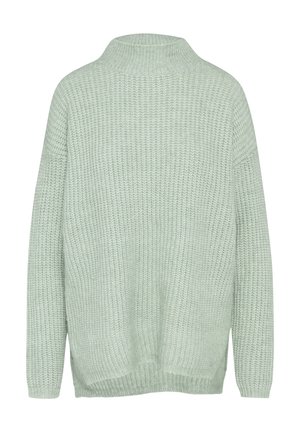 Light green knitted sweater with a high collar, loose fit, ribbed cuffs, and hem, featuring a textured pattern throughout.