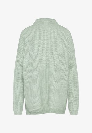 Lichtgroene gebreide trui met hoge kraag, ruime pasvorm, ribbelmanchetten en zoom, met een gestructureerd patroon door de hele trui.