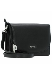 Borsa a tracolla in pelle nera con finitura texturizzata, chiusura a pattina e tracolla rimovibile. Presenta accessori in metallo argentato e un accento con logo.
