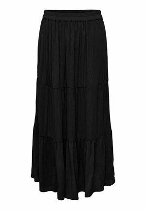 Sort lagdelt maksiskjørt med elastisk midjebånd og teksturert stoff, flytende passform som rekker til ankelen.