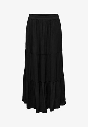 Musta kerroksellinen maksihame, jossa on joustava vyötärönauha ja teksturoitu kangas, liehuva istuvuus polviin saakka.