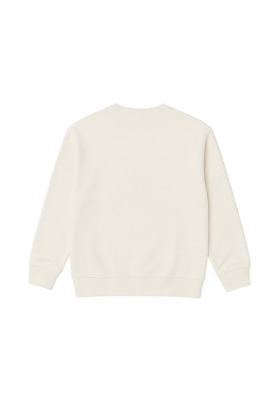 Felpa color crema, realizzata in un tessuto morbido, presenta un colletto a girocollo e polsini a costine, con una vestibilità comoda e senza marchi visibili.