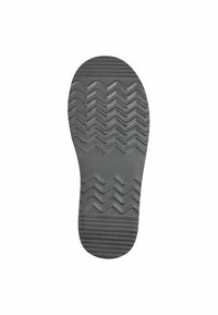 Semelle de chaussure en caoutchouc gris présentant des motifs en zigzag et des lignes horizontales pour une meilleure adhérence, avec une finition lisse et une forme de bout arrondi.