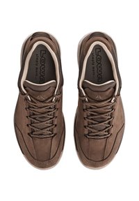 Brown hiking shoes with a textured suede upper, mesh panels, and a rubber sole. Features decorative stitching and brown laces.