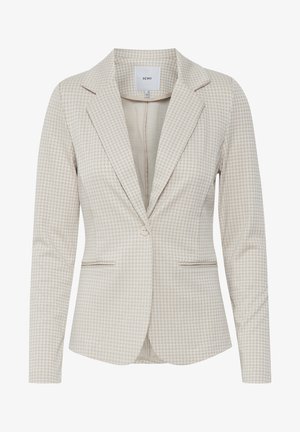 Beež bleiser, millel on tekstureeritud houndstooth muster, üksik nupp, lõikega krae ja küljepocketid.