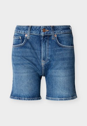 Blue denim shorts with front button closure, belt loops, and multiple pockets, displayed on a plain light background.