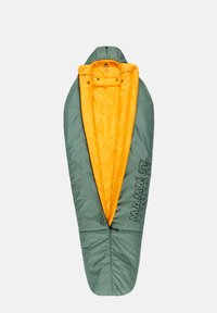 Grüner und gelber Schlafsack mit Kapuze, der eine glatte Textur, einen Reißverschluss und eine große "MAMMUT"-Markierung an der Seite aufweist.