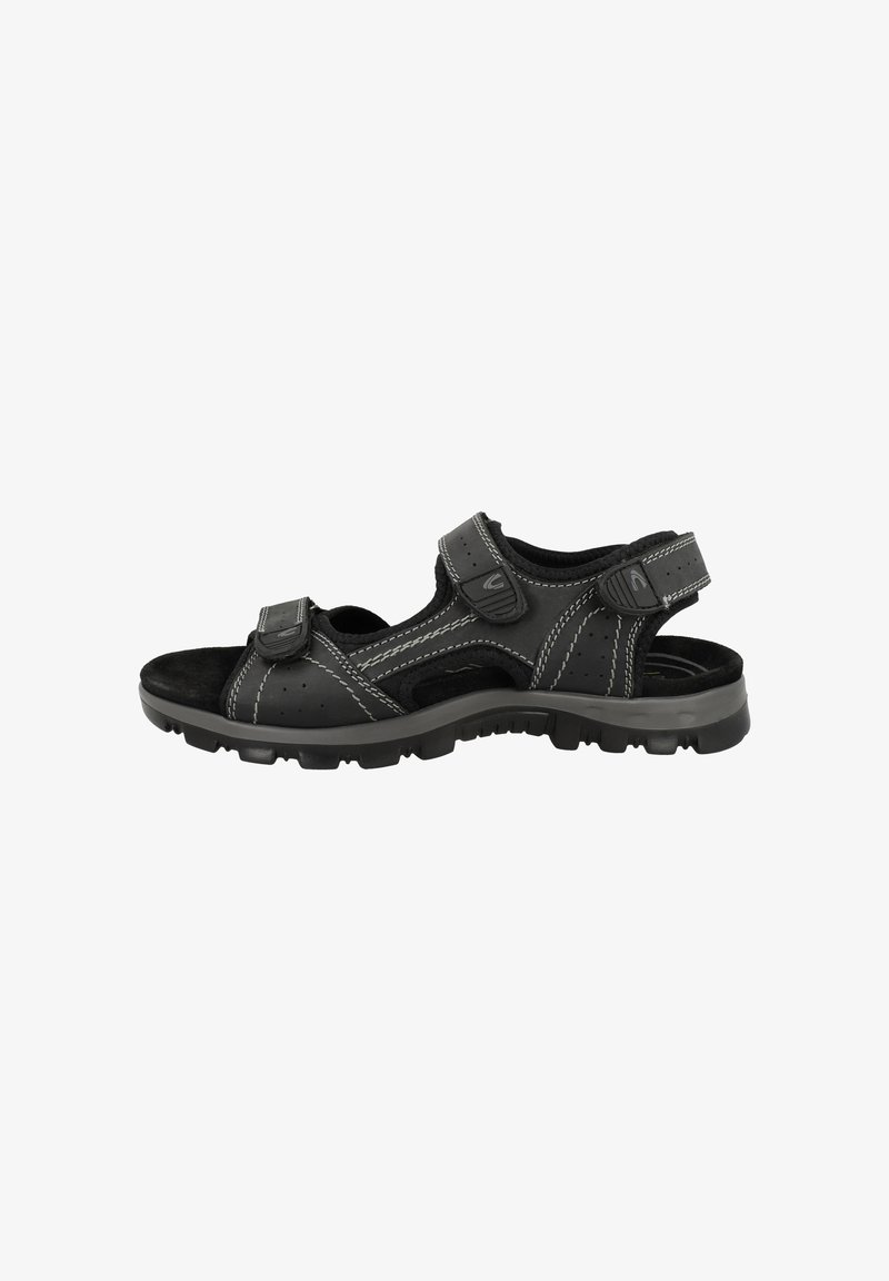 Black leather sandal featuring adjustable straps, perforated design for breathability, and a textured rubber sole for grip.