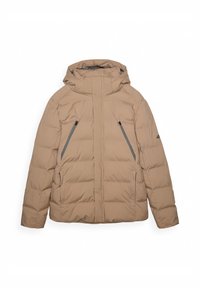 Polstret beige jakke med hætte, med grå lynlåse og sidelommer. Designet har en quiltet tekstur og en strømlinet silhuet.