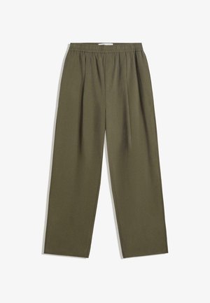 Olive green wide-leg trousers with an elastic waistband. Made of lightweight fabric, featuring pleats along the front and side seams.