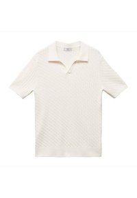 Krátký rukáv polokošile v krémové barvě s texturovaným diamantovým vzorem, s klasickým límečkem a žebrovaným lemem. Vyrobena z měkké, prodyšné látky.