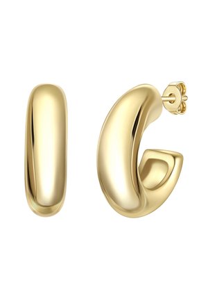 Goldfarbene Ohrringe mit einem glatten, geschwungenen Design in verschiedenen Formen: einer ist ein abgerundetes Oval, der andere eine abstraktere Form.