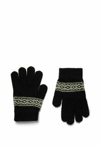 Fekete kötött kesztyű, zöld és fehér geometrikus mintával a mandzsettán. A dizájn öt ujjat tartalmaz és bordázott textúrájú.