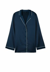 Navyblå satinpajamaskjorta med klassisk krage, vit piping, långa ärmar och knäppning fram. Slät textur, avslappnad passform.