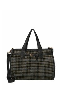 Borsa in pelle nera e tessuto a motivo houndstooth con doppi manici, tracolla staccabile e dettagli in metallo dorato.